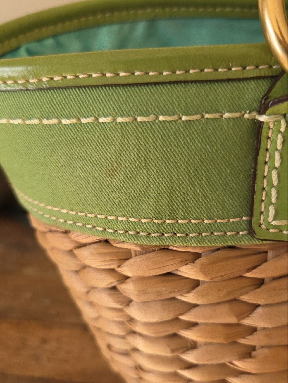 Coach Legacy Woven Straw Basket Tote With Green Trim - Picture 3 of 16